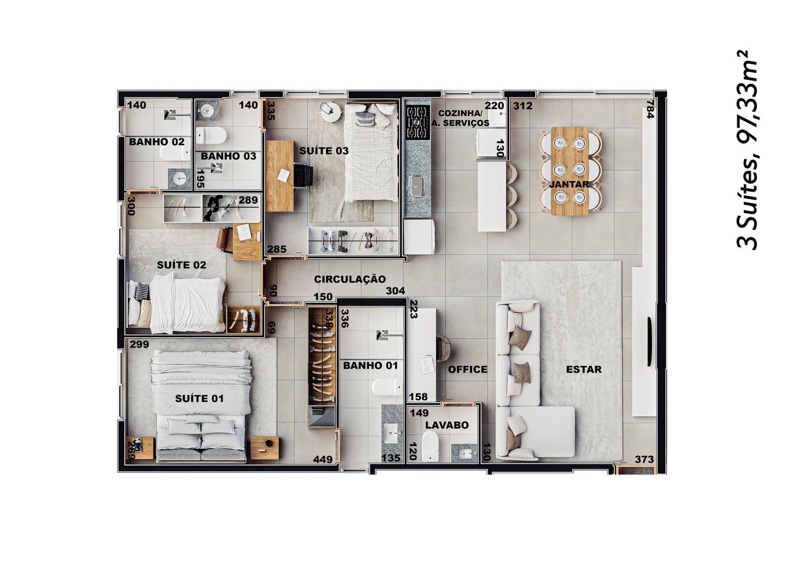 Planta de 97 m² do Altopiano
