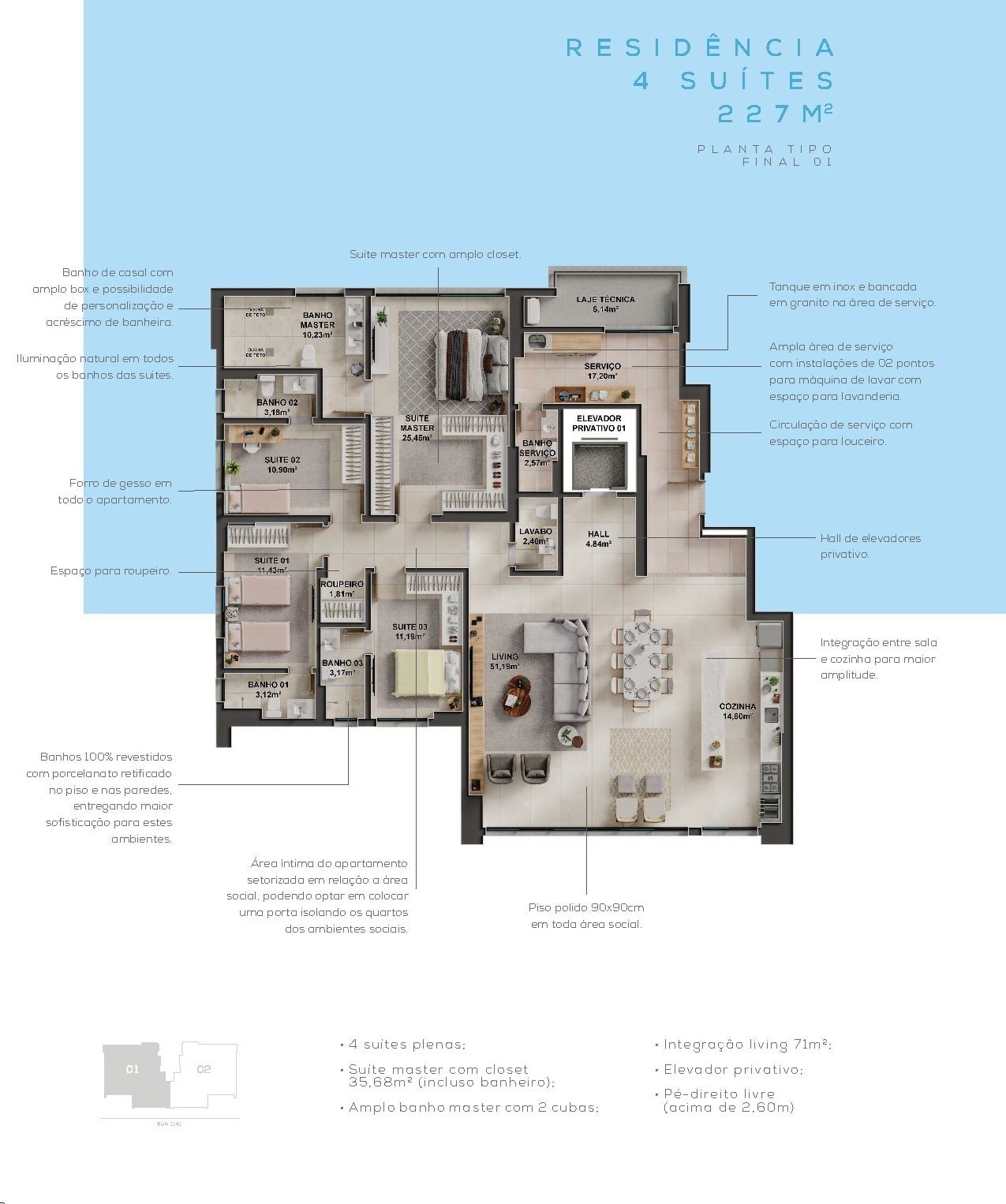 Planta de 227 m² do Skygarden Marista