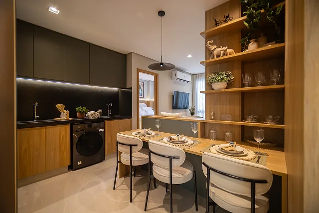 Cozinha e jantar do apartamento decorado do Óra Vaca Brava