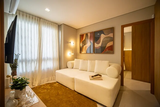 Living do apartamento decorado do Óra Vaca Brava