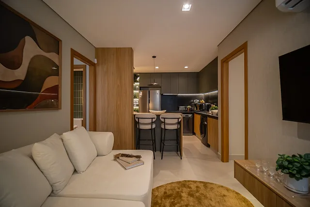 Living integrado do apartamento decorado do Óra Vaca Brava